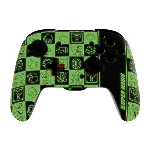 PDP REMATCH GLOW Enhanced Wireless Nintendo Switch Pro Controller, Rechargeable 40 hour battery power, Dual Programmable Gaming Buttons, 30-foot Connection, Super Mario Icon (Black/Red Glow in the Dark)