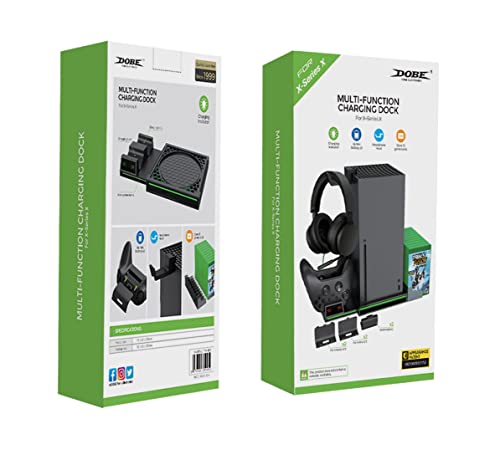 Vertical Stand Compatible with Xbox Series X Console, Dual Charging Station with 2 Rechargeable Battery for Xbox Series X Controller, with 10 Game Card Slot and Headphones Holder & 4 Cover…