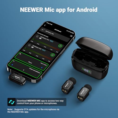 NEEWER KM19 Wireless Lavalier Microphone Compatible with iPhone 15 16 17 | Compatible with iPhone Android & PC, Mini Lav Mic, App Control, 3 Level Noise Cancelling, 30H Battery, 100m, Video Recording
