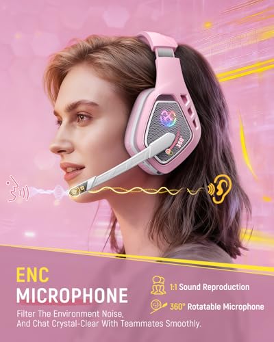 Tatybo Wireless Gaming Headset with Mic, 7.1 Sound 50mm Driver, White Pink | 3-mode 2.4G/BT 5.3/USB-C; 30H battery; low latency for PS5/PS4/PC/Switch/Laptop/Mobile - color: White Pink