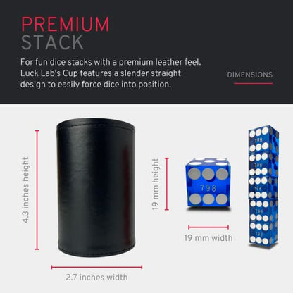 Luck Lab Black Leather Dice Stacking Cup with 5 Serialized Razor Edge 19 mm Casino Dice - Pro Straight Cup for Stacking and Magic Tricks (Blue Dice) - color: Blue Dice