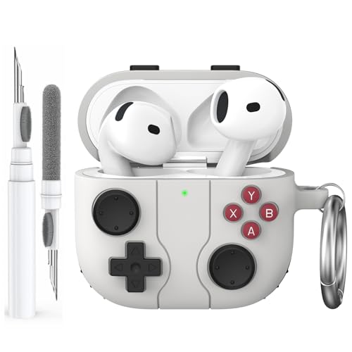 AhaStyle AirPods 4 Case Cover with Cleaning Kit Retro Handheld Game Console Design for AirPods 4th Generation Case Soft Silicone Protective Cover Skin for Apple AirPods 4 2024 Charging Case (Gray) - color: Warm Gray, size: AirPods 4 Case