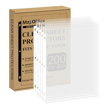 Page Protectors for 3 Ring Binder, Sheet Protectors 8.5 x 11 Inch, 200 Per Box Clear Sheet Protectors for 3 Ring Binder, Plastic Sleeves for Paper 8.5x11 Heavy Duty, Top Load & Reinforced 3-Hole.