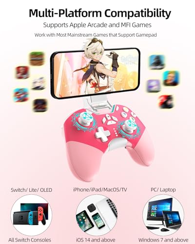 Hall Effect iPhone Controller with Phone Clip, Wireless Bluetooth Game Controller for Android/iPhone/Apple Arcade MFi Games/PC/Switch with Macro/Lock Joystick Speed/6-Axis/Motors/Turbo/ABXY FUN Switch - color: Pink