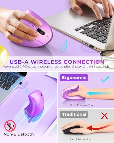 Lekvey Ergonomic Mouse, Wireless Vertical Mouse Rechargeable 2.4 GHz Optical Carpal Tunnel Mice : 800/1200 / 1600 DPI, 6 Buttons, for Laptop, PC, Mac, Computer, Desktop, Notebook etc, Purple - color: Purple