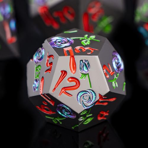 Gothic DND Dice Set Bleeding Rose Metal D and D Dice for use with Dungeons Dragons D&D Role Playing Game, Purple Green RPG Blood Polyhedral Dice Set D20 D12 D10 D8 D6 D4 - color: Purple Green&black&red Numbers