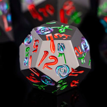 Gothic DND Dice Set Bleeding Rose Metal D and D Dice for use with Dungeons Dragons D&D Role Playing Game, Purple Green RPG Blood Polyhedral Dice Set D20 D12 D10 D8 D6 D4 - color: Purple Green&black&red Numbers