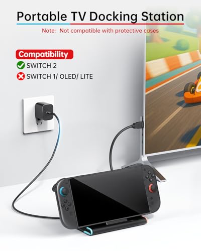 Switch 2 Dock with 60W Charger & HDMI Cable, 4K Portable Docking Station for Nintendo Switch2 Console, Travel TV Connector Stand Base, USB-C Charging Cable, AC Adapter Power Cord, Game Accessories Set