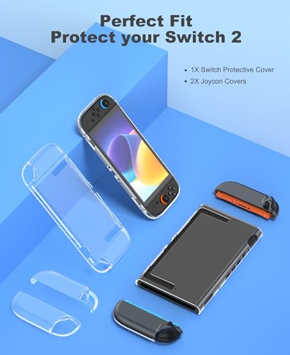 Switch 2 Case for Nintendo Switch 2 (2025)/Switch/OLED, with 4-in-1 Accessories Bundle Kit for Nintendo Switch 2, 3X Transparent Protective Cover+2X Screen Protectors+4X Thumb Caps, Accessories Set with Carrying Case for Switch - size: Case + 4-in-1 Bundl