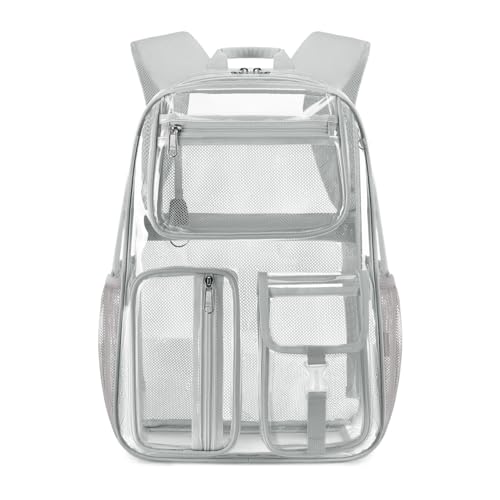 Clear Backpack Heavy Duty For Stadium Events,17.5in Big TPU Gray Bookbag | See Through plastic Stitch durable Design 6-Pocket Weight-bearing base,keychain For School Adults work Airport security,check - color: Grey-17.5in