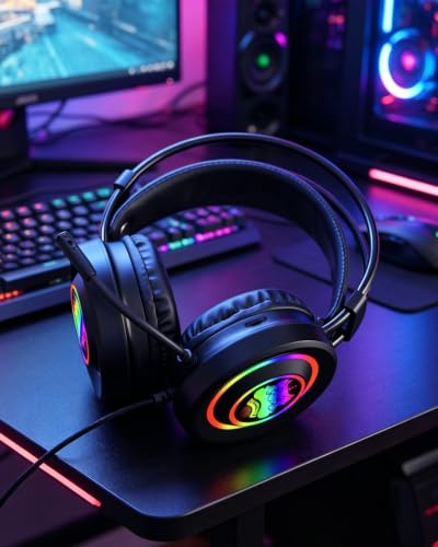 RGB Lighting Gaming Headset with External LED Strip, 360° Surround Sound & Noise Cancelling Mic, Over-Ear Headphones, Comfortable Memory Foam Earmuffs, Adjustable Headband for Long Gaming Sessions