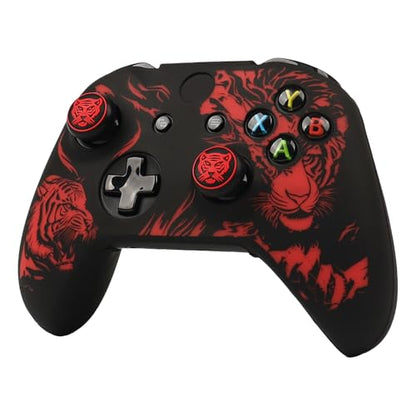 Tiger Controller Skin Cover Compatible with Xbox one Controller, RALAN Protector Case, Customised Thumb Grips Caps - color: Tiger Black Red