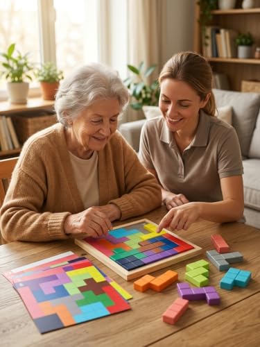 Dementia Activities for Seniors, 2 in 1 Cognitive Games for Elderly: Tile Matching Puzzle & Memory Q&A, 15 Wooden Blocks, 26 Templates, Alzheimer's Activities, Games for Dementia Patients.