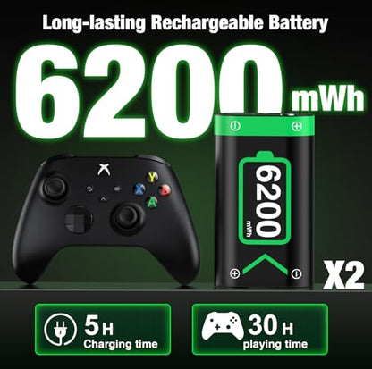 DINOSTRIKE 2X 6200mWh Battery Pack Compatible with Xbox Controller Fast Charging Rechargeable USB Charger Station - size: S-2Pack 6200mWh