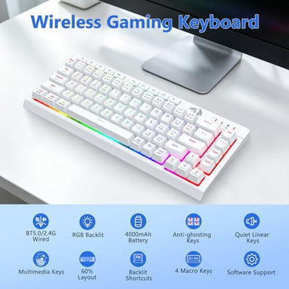 Redragon Wireless Gaming Keyboard and Mouse Combo, 60% Portable, White | Bluetooth/2.4G/USB-C Wired, RGB Backlit, Quiet Rechargeable Macro Membrane Keyboard & 12800 DPI Mouse for Win/MAC - color: White Combo