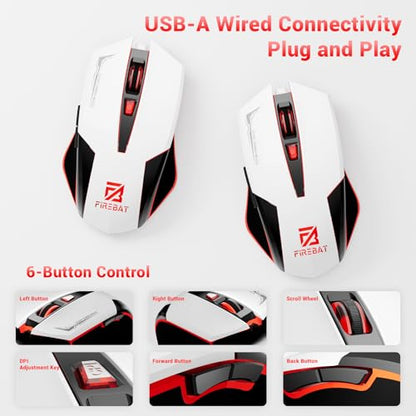 Wired Mouse for Computer and Laptop, Gaming Mouse RGB, Wired Optical Mouse with 6 Programmable Buttons & 7 Backlit Modes, USB Corded Mouse, Right or Left Hand Use - White
