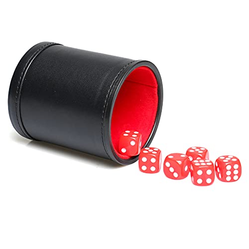 Leather Dice Cup Set Red Felt Lining Quiet Dice Shaker Cup with 6 Red Standard Dot Dice for Farkle Yahtzee Games, 1 Pack - color: Red1