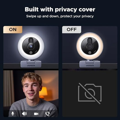 UGREEN 2K Webcam with 4-Level Ring Light | Microphone, Privacy Cover, Compatible with Switch 2, Streaming, Conference, Zoom, Teams, Computer/Laptop/MacBook