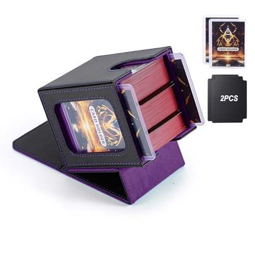 MTG Deck Box, Double Display Window MTG, Commander Deck Box Fits 120+ Single Sleeved Cards, PU Leather Magnetic Closure Card Box with 2 Dividers&2 Toploaders for TCG, CCG, Black/Violet - color: Black/Purple, size: 1 pack