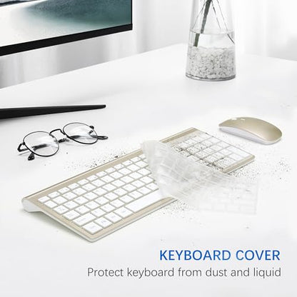 Wireless Keyboard and Mouse Ultra Slim Combo, TopMate 2.4G Silent Compact USB 2400DPI Mouse and Scissor Switch Keyboard Set with Cover, Batteries Included, for PC/Laptop/Windows/Mac - Gold White - color: Gold White