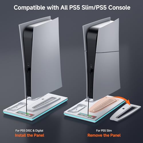 PS5/Slim/Pro Stand and Cooling Station with LED Controller Charging Station for PlayStation 5 Console,Accessories Incl.Controller Charger, PS5 Cooling Fan,USB Hub - color: Line RGB-White