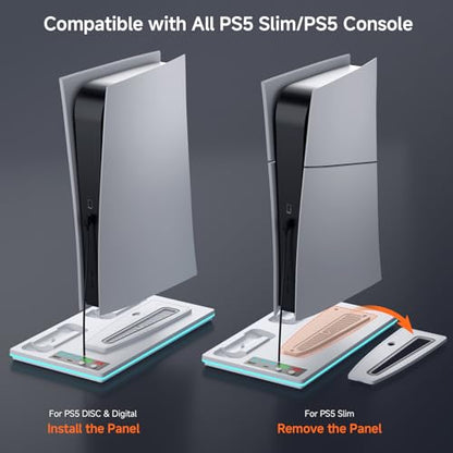 PS5/Slim/Pro Stand and Cooling Station with LED Controller Charging Station for PlayStation 5 Console,Accessories Incl.Controller Charger, PS5 Cooling Fan,USB Hub - color: Line RGB-White