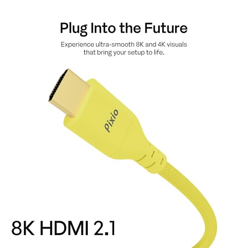 Pixio Yellow 8K HDMI 2.1 Cable Ultra Certified Ultra High Speed 6FT 8K 60Hz 4K 120Hz Nylon Braided, Gold Plated Connector, Anti-Breakage, HDR10+, dtsx, eARC, HDCP, Dolby Compatible - color: Yellow, size: 6 ft