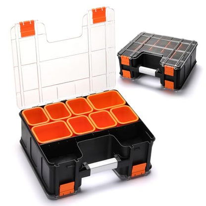 Mayouko Double Side Tool Box with Transparent Lid, 8 Movable Small Trays & Removable Dividers, Multi-Function Small Parts Organizer, for Hardware, Screws, Bricks, Nails, Jewelry and Fishing Tackle - size: 15.16"L x 12.8"W x 6.3"H