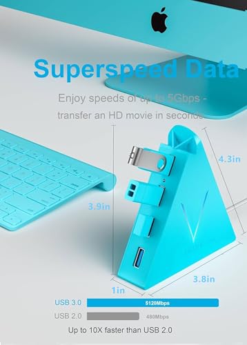 USB 3.0 Hub,4 Port USB Hub Tower,2ft Cable USB Splitter for Laptop, PC, Xbox One, PS4, PS5, iMac, Surface Pro, XPS, Desktop, Flash Drive, Mobile HDD (Blue) - color: Blue-A