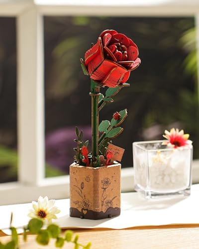 3D Flower Wooden Puzzles for Adults-Red Rose, DIY Wooden Flowers Model Kit Building Set Crafts Birthday Gifts Women, Artificial Botanical Collection Creative Gift Ideas/Housewarming (106PCS) - style: TW - Red Rose