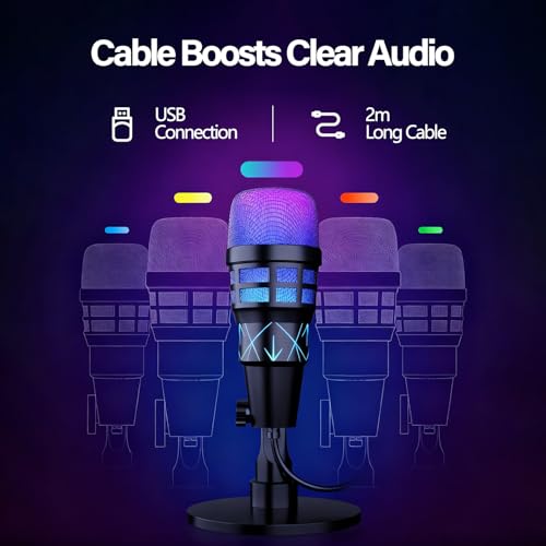 USB Microphone for PC Gaming, Podcasts, Videos, Streaming, Condenser Mic with Quick Mute, Pop Filter, RGB Indicator, Shock Mount, Rotate Gain Button, Compatible with PS4/5/PC