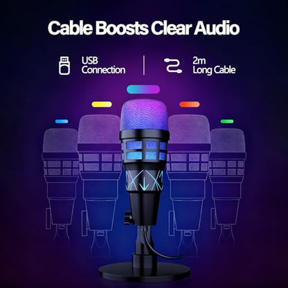 USB Microphone for PC Gaming, Podcasts, Videos, Streaming, Condenser Mic with Quick Mute, Pop Filter, RGB Indicator, Shock Mount, Rotate Gain Button, Compatible with PS4/5/PC