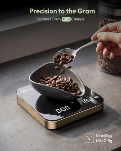 Maestri House S2 Espresso Coffee Scale with Timer 0.1g Precision Shot Scale | USB-C Rechargeable, Dual Timing Modes, 2kg/0.1g Digital Scale with Borosilicate Glass Top for Espresso and Pour-Over Brewing - color: Black&Gold