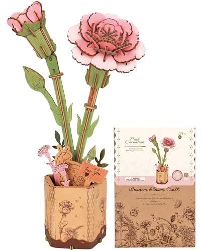 3D Flower Wooden Puzzles for Adults-Pink Carnation, DIY Wooden Flowers Model Kit Building Set Crafts Birthday Gifts, Artificial Botanical Collection Creative Gift Ideas/Housewarming (124PCS) - style: TW - Pink Carnation