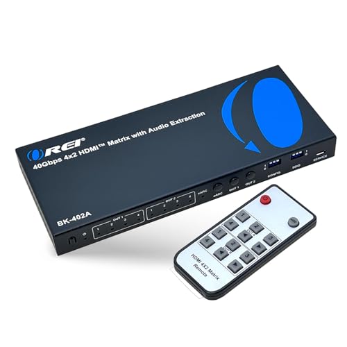 OREI 4x2 HDMI Matrix Switch 8K with Audio Extraction eARC, EDID, Downscale | 4x2 Matrix Switch, 4 x 2 Video Matrix – HDMI 2.1, 40Gbps, VRR, ALLM, FVA, HDCP 2.3, 4K120 & 8K30 4:4:4 - color: Black