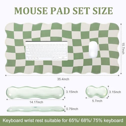 L-SPOUTTO Green Checkered Mouse Pad Set,Scalloped XXL Desk Mat + Ergonomic Mouse Wrist Rest + Gel Keyboard Wrist Rest for Keyboard 65%/75%,3in1 Large Desk Pad for Desktop Home Office Computer Game - color: Green Checkered