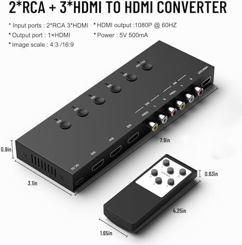 2 AV Inputs + 3 HDMI 2.0 Inputs to HDMI Converter (5 in 1) with Upgrade New Version - style: 2 RCA + 3 HDMI Converter