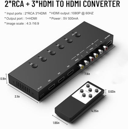 2 AV Inputs + 3 HDMI 2.0 Inputs to HDMI Converter (5 in 1) with Upgrade New Version - style: 2 RCA + 3 HDMI Converter