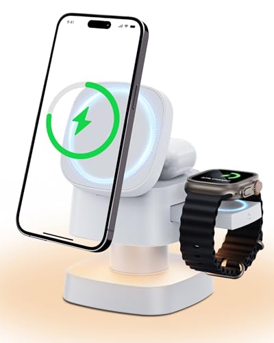 4-in-1 Wireless Charging Station, 15W Fast Charging with Adjustable Night Light, Multi Device Charging Station, Compatible with iPhone 15/14/13/12 Series, Apple Watch, AirPods – White - color: WHITE
