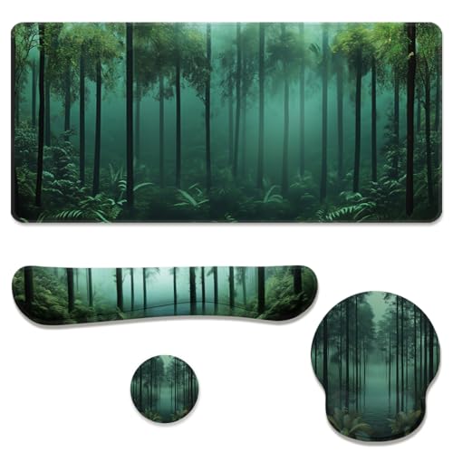 Mystic Forest Desk Mat Set Green Fog Woodland Mouse Pad with Wrist Rest 4in1 Desk Mat for Desktop Ergonomic Computer Desk Arm Wrist Anti-Slip Computer Ergonomic Mouse Pad Home Office Gaming - color: Mystic Forest