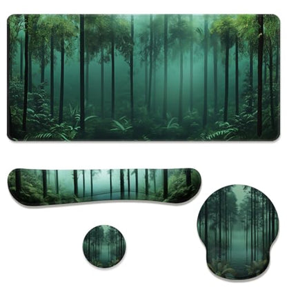Mystic Forest Desk Mat Set Green Fog Woodland Mouse Pad with Wrist Rest 4in1 Desk Mat for Desktop Ergonomic Computer Desk Arm Wrist Anti-Slip Computer Ergonomic Mouse Pad Home Office Gaming - color: Mystic Forest