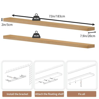 72 inch Long Floating Shelves for Wall,Solid Wood Long Wall Shelves Set of 2,Natural Wooden Mounted Shelf,Bookshelf Bathroom Shelves (Natural, 72 Inch) - color: Natural, size: 72 Inch set of 2