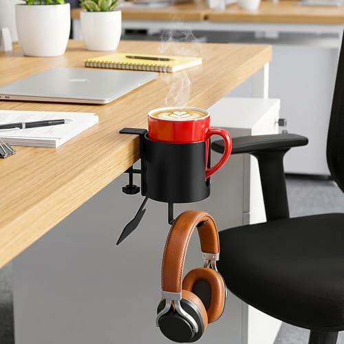 MYITYARD 3 in 1 Desk Cup Holder Clamp, Clip On Table Cup Holder with Headphone Hook & Power Strip Holder, Rotatable Water Bottle Drink Coffee Mug Organizer, Gaming Accessories for Home and Office - color: With Power Strip Holder