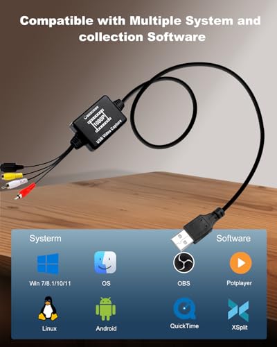 Oassuose VHS to Digital Converter,USB-A/USB-C Video 1080P Capture Card | RCA/AV to USB2.0 Audio Video Transfer Grabber,Convert Analog VHS VCR Hi8 Mini DV to Digital Converter,for PC DVD Tape Camera