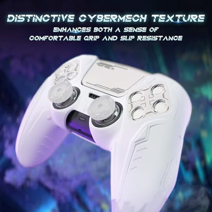 PlayVital Silicone Skin Set for PS5 Controller - Charging Dock Compatible, Full Protection Case with Futuristic CyberMech Design, Soft Cover with Thumb Grips & Stickers - White - color: White