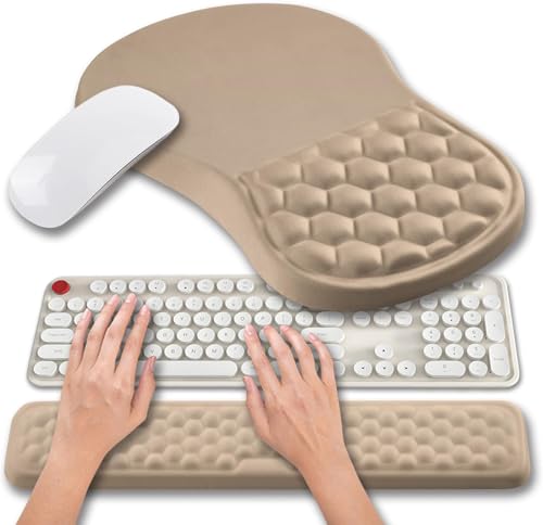 Hokafenle 2 in 1 Ergonomic Mouse Pad Wrist Support & Wrist Rest for Computer Keyboard Set, with Relieve Carpal Tunnel Pain Massage Bulge and Full Memory Gel Design (2In1 Set, Sand Color) - color: Hk011-sand Color