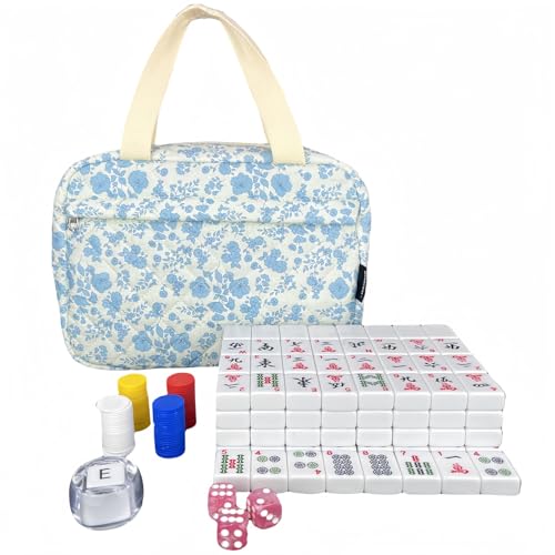 bestcool American Mahjong Set with Floral Quilted Carrying Bag | 166 White Tiles, Easy-to-Read Markings, Wind Indicator, Organized Storage, Game Night & Travel