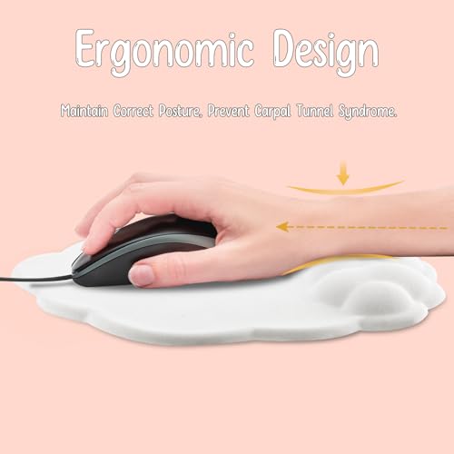 Mouse Pad Wrist Support, Cloud Mousepad with Memory Foam Wrist Rest, Non-Slip PU Base Gaming Leather Surface Mouse Pad for Home Office Laptop, White - color: White
