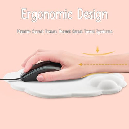 Mouse Pad Wrist Support, Cloud Mousepad with Memory Foam Wrist Rest, Non-Slip PU Base Gaming Leather Surface Mouse Pad for Home Office Laptop, White - color: White