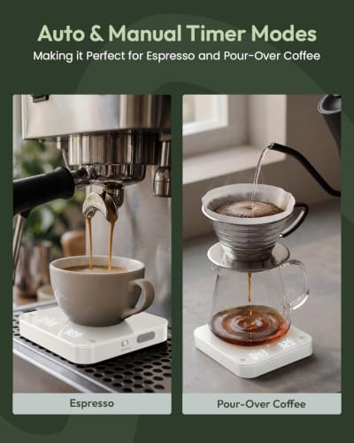 Maestri House S2 Espresso Coffee Scale with Timer 0.1g Precision Shot Scale | USB-C Rechargeable, Dual Timing Modes, 2kg/0.1g Digital Scale with Borosilicate Glass Top for Espresso and Pour-Over Brewing - color: White